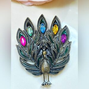 Bronze Tone Peacock Pendant or Brooch, Great Detail Rhinestones and Enamel